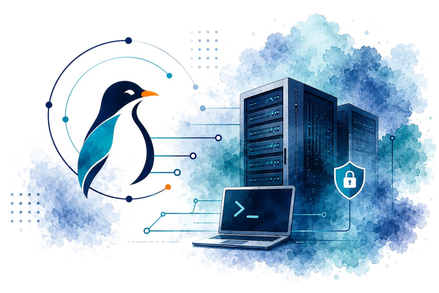 Illustration of a LinuxCore engineer working across a secured server rack and terminal
